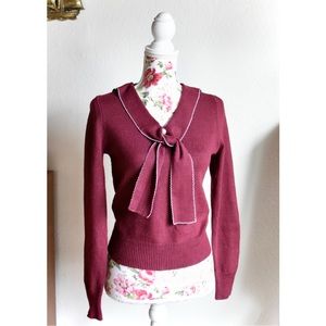 Hell Bunny Connie Faux Pearl Sailer Tie Burgundy Retro Pinup Sweater